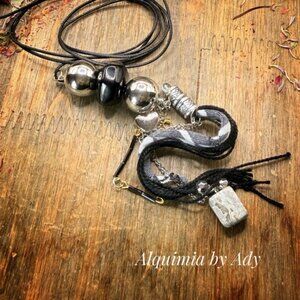 Galore Lace Agate Tassel  Necklace • Heart Charm, Chain & Wrapped Cord Layers